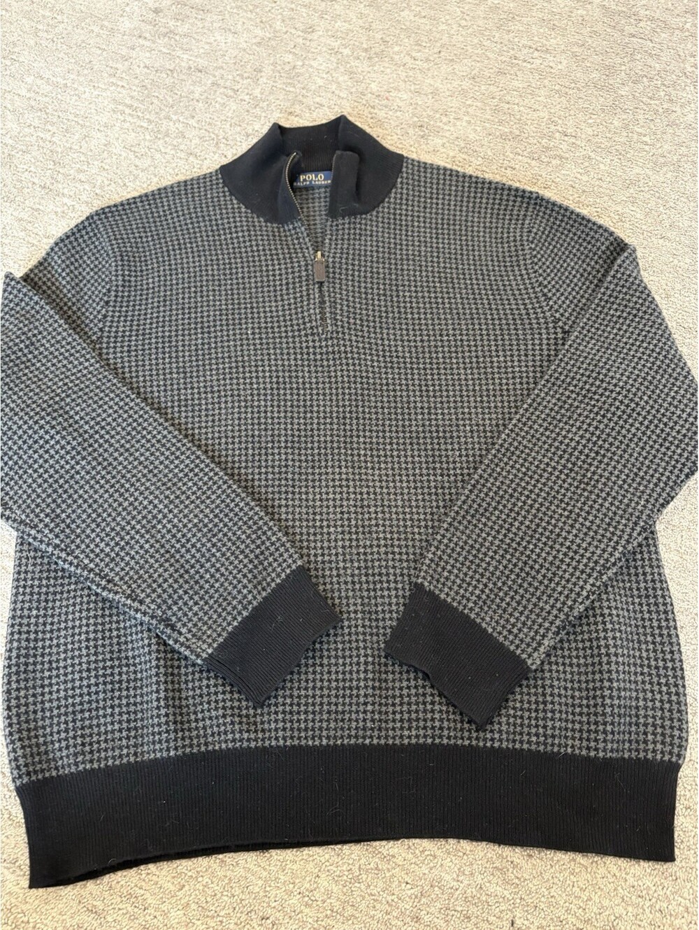 Polo Ralph Lauren Sweater Mens XXL Gray Black Houndstooth Merino Wool 1/4 Zip